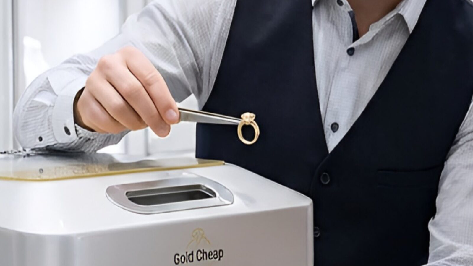 핀셋으로 금반지를 집어 Gold Cheap XRF 분석기에 넣는 모습
